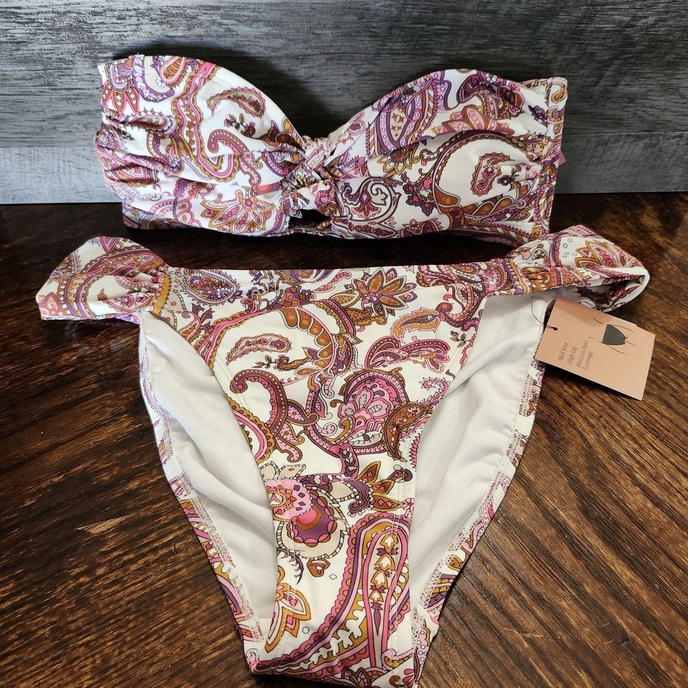Paisley Bandeau Bikini Set XL NWT Boho Pink Orange Removable Strap High Cut